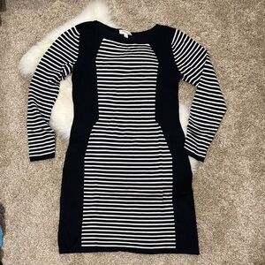 Allison Brittney Black & White Striped Long Sleeve Knit Dress